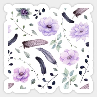 Seamless Pattern of Watercolor Feathers and Flowers Sticker